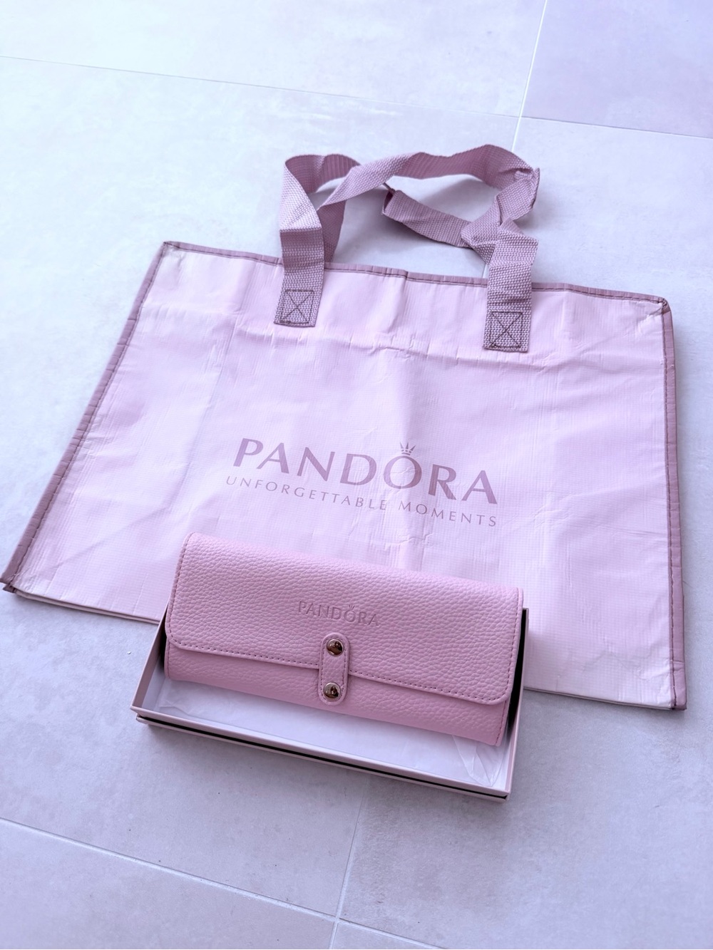 Pandora Jewelry Pink Shopping Bag & pink soft leather jewelry pouch.